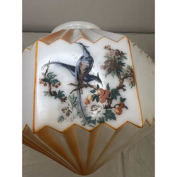 Vtg 30s Accordion Octagonal Frosted Orange‎ Birds Paradise Glass Swag Lamp Shade - Picture 16 of 16